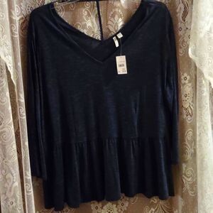 New Cato size 22-24W t-back v-neck long sleeve blue white top ruffle skirt waist